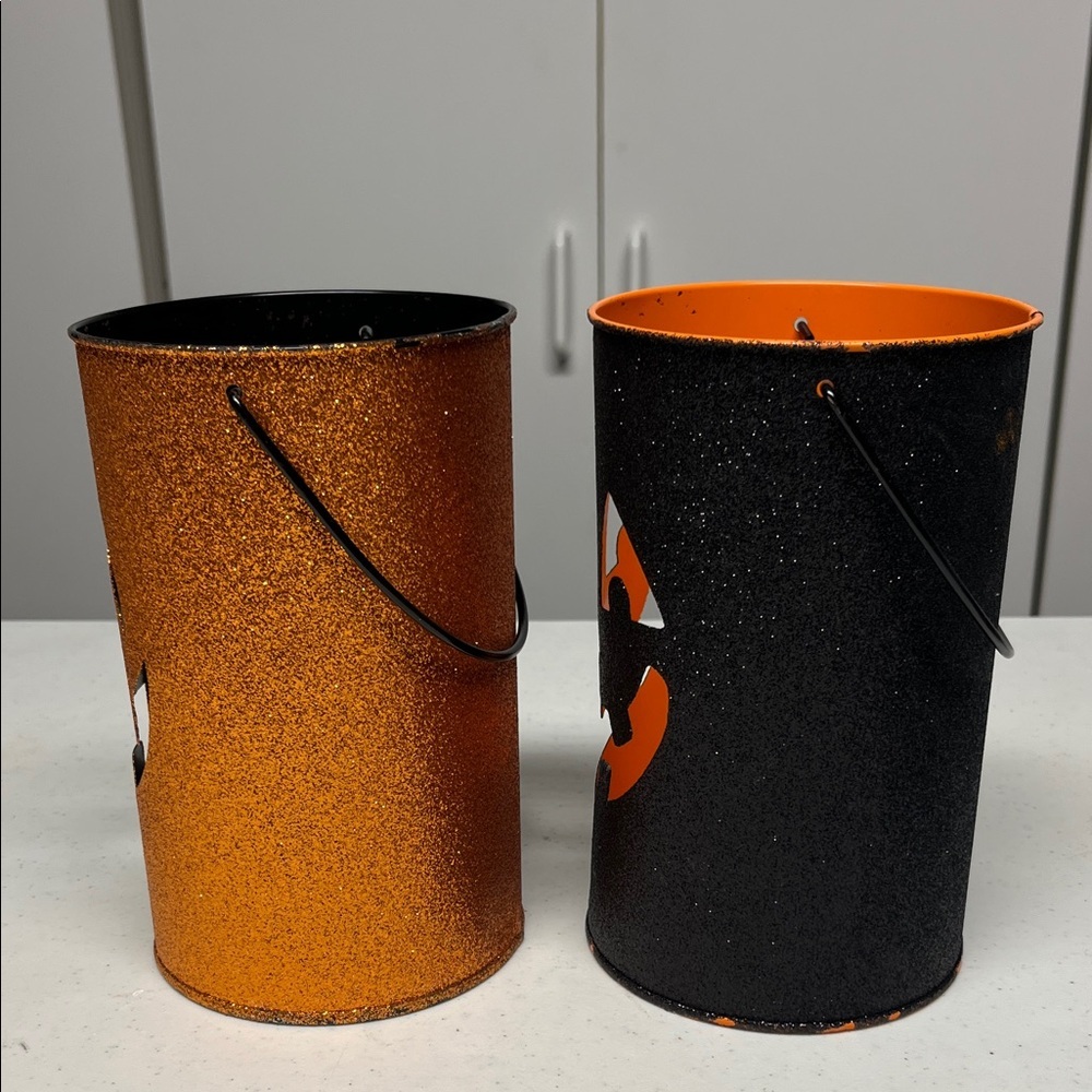 Set of 2 Glitter Jack O Lantern Halloween Buckets Orange Black Decor 7” - Picture 2 of 9